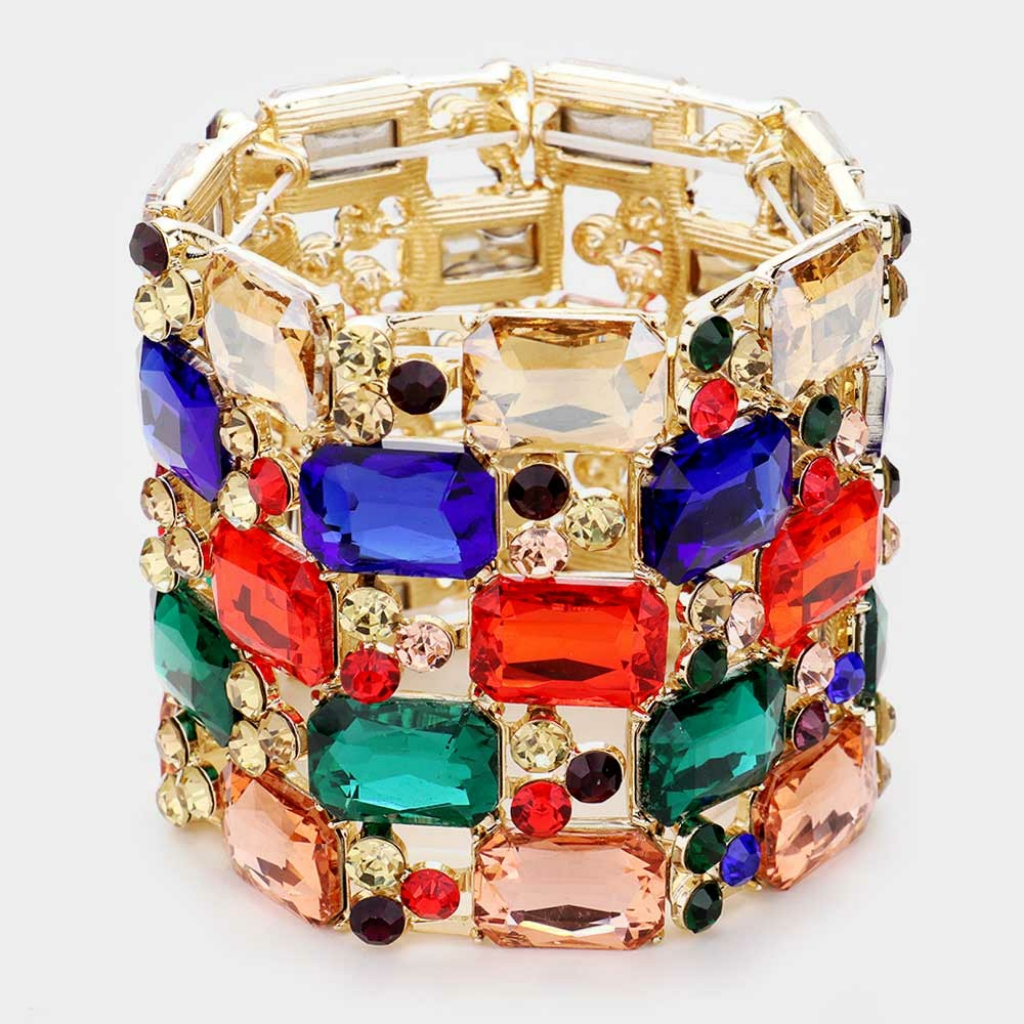 Colorful Emerald Cut Crystal Wide Stretch Bracelet 25 Inches Multicolored 45$